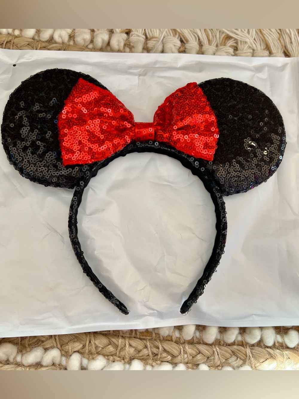 Sequined Minnie Style Ear Headband with Red Bow - NEW